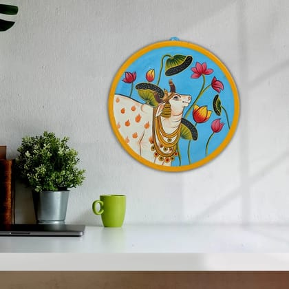 Hand-painted Pichwai Cow & Lotus Painting Wall Plate - 10'