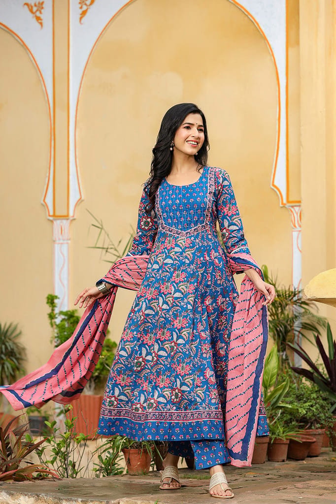 Blue Rayon Anarkali Suit Set VKSKD1229 - Kurtas & Kurta Sets | Buy online on ZillyBuy