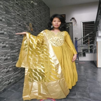 Mustard Yellow Mirror Work Anarkali Suit Set