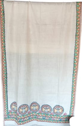 Exquisite Bhagapuri Silk Dupatta with Handmade Madhubani Painting - Vibrant Cultural Artistry for Weddings, Festive Occasions, Featuring Geometric Patterns and Floral Motifs