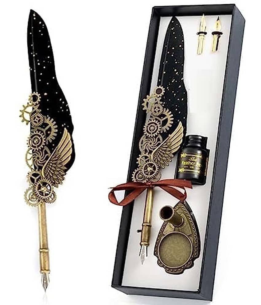 Feather Pen and Ink Set, Mechanic Style Quill Calligraphy Pen with Blue or Black Ink, 2 Replacement Nibs and Pen Holder, Vintage Signature Fountain Pen Dip Pen Gift Set