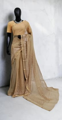 Beige Kota Doria Cotton-Silk Saree with Block Print and Zari Border