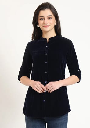 Navy Blue Solid Velvet Top-XS