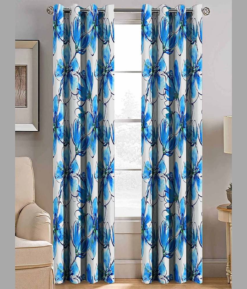 BELLA TRUE Printed Digital Printed Semi-Transparent Curtain 7 ft Pack of 2 Aqua