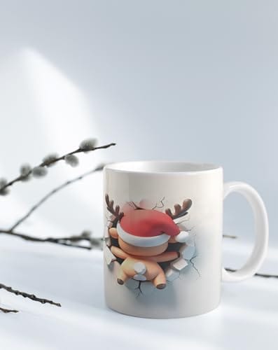 The Magical Gifts Christmas Reindeer Coffee Mug with Santa Hat Funny 3D Wall Break Design Cute Holiday Ceramic Cup for Hot Chocolate Tea Coffee Gift for Kids Adults