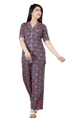 Women's Casual Half Sleeve Printed Viscose Rayon Shirt with Pyjama Pant Night Suit Set Size S (Blue)
