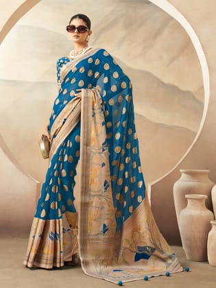 Dark Firozi Pure Georgette Floral Printed Saree