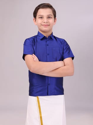 Boys Dupion Satin Dark Blue Colour Half Sleeves Shirt Happy Boy-Kids 01 - 02 Yrs / H/S / Dark Blue