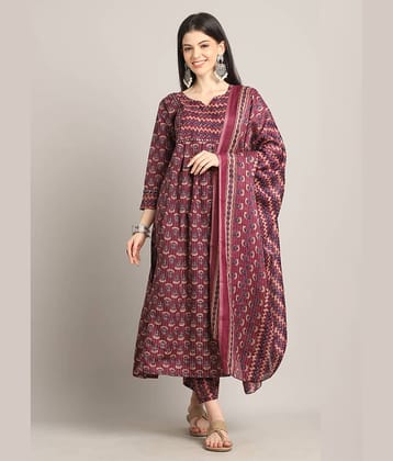 wonder weave Women Cotton Blend Printed Flared Kurti With Pants ( Wine )