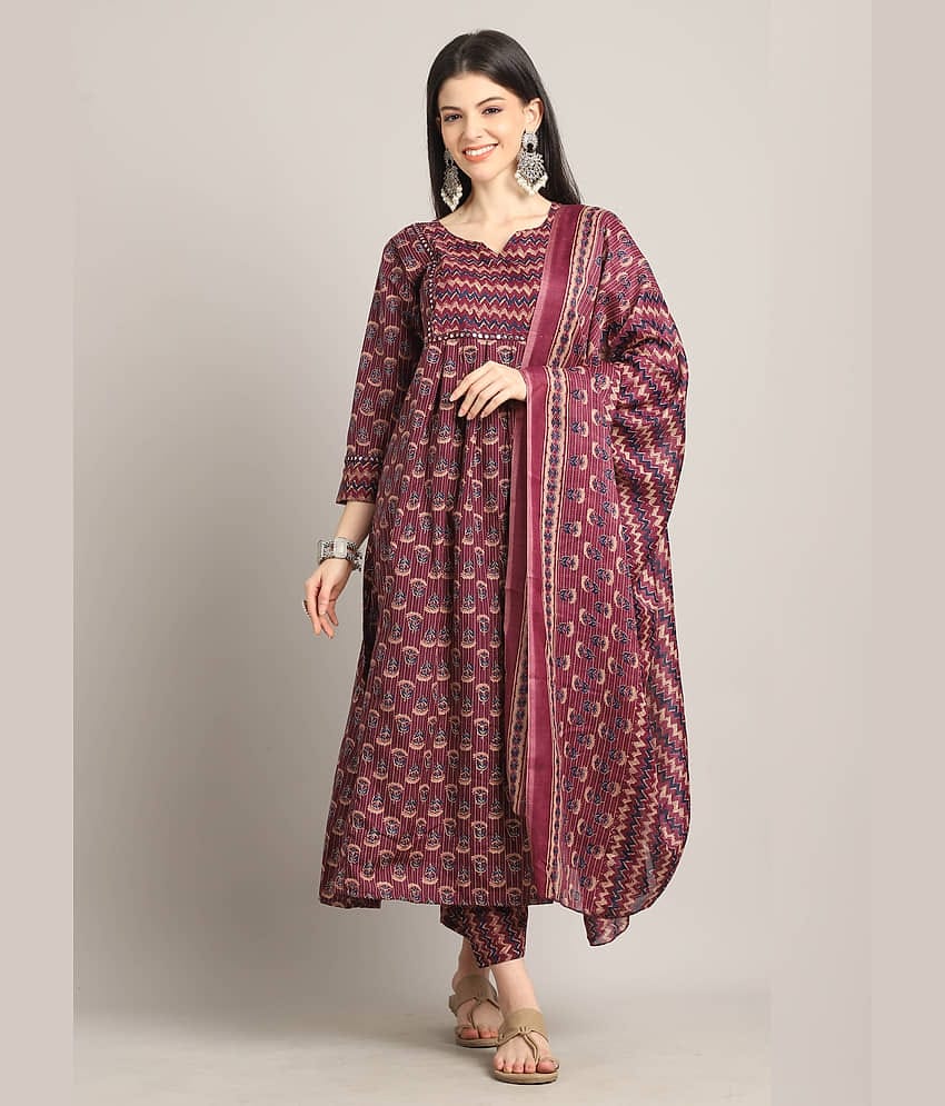 wonder weave Women Cotton Blend Printed Flared Kurti With Pants ( Wine )