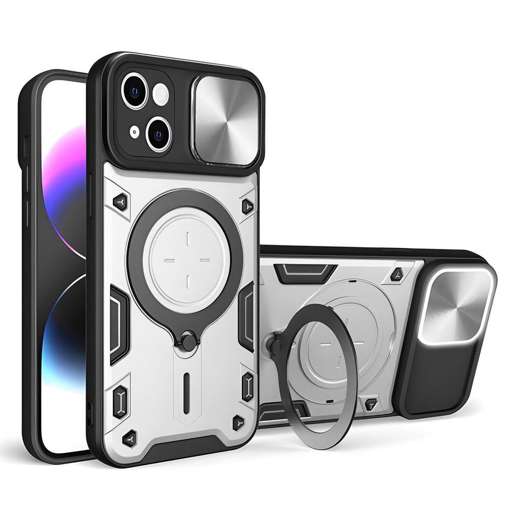 LIRAMARK Back Cover Case Compatible with iPhone 15 (6.1 inch) with Stand & Slider Camera Military Grade Drop Protection