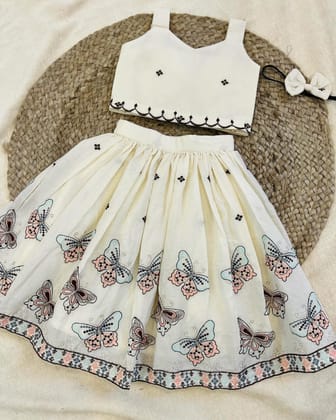 Trending Premium Khadi Cotton Embroidery Work Lahenga Choli-Beige / 0-6 Month