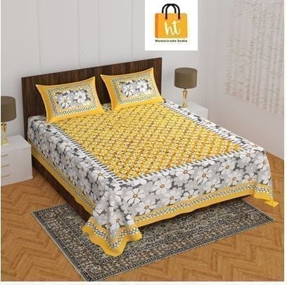 3001-Hometrade India-Standard King Size (90*108 Inches)-Buy Pure Cotton Jaipuri Printed Flat King Size Double Bedsheet With 2 Matching Pillow Cover