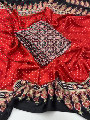 Gorgeous Party wear Pure Satin Silk Ajrak Printed Rich Pallu n Tussles Work Fancy Designer Saree-Red