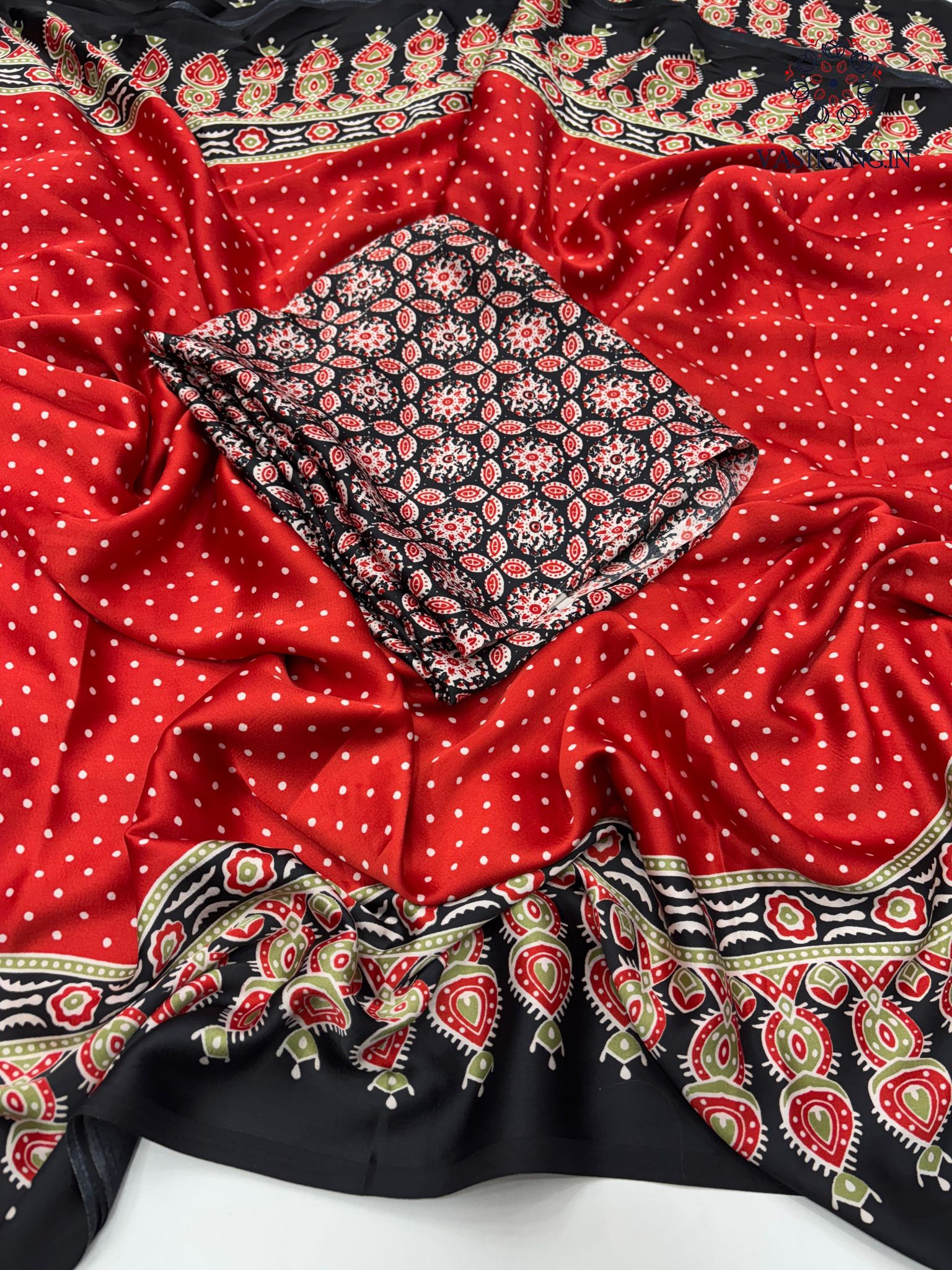 Gorgeous Party wear Pure Satin Silk Ajrak Printed Rich Pallu n Tussles Work Fancy Designer Saree-Red