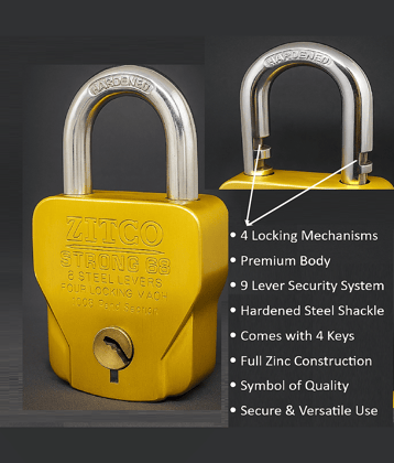 Unikkus Zitco Premium 68 MM Padlock for home shop room and multipurpose| 9 Lever Security Lock with 4 Keys & Hardened Shackle | Heavy Duty Zinc Body for Home, Gate & Shutter