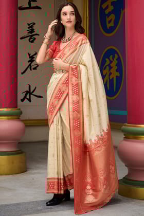 Ecru Beige Zari Woven Soft Banarasi Silk Saree