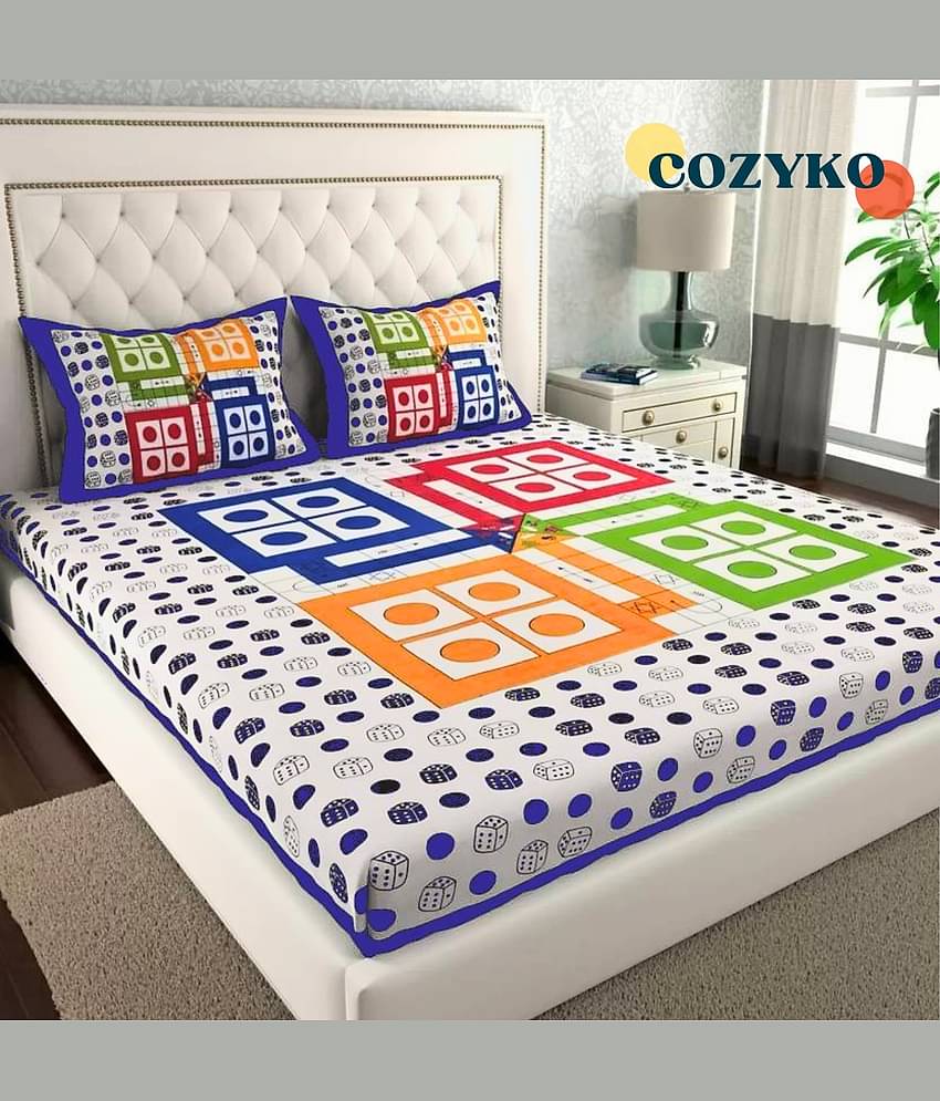 COZYKO Cotton 1 Double Ludo Bedsheet with 2 Pillow Covers ( Blue )