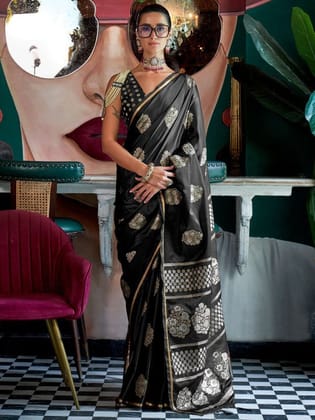 Beautiful Black Woven Handloom Banarasi Satin Silk Saree