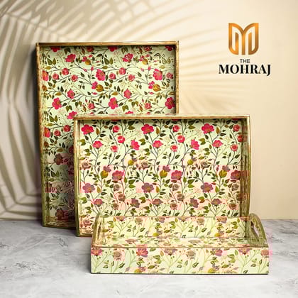 The Mohraj Blossom MDF Trays with Curved Handles and Gold Foil Finish Set of 3  