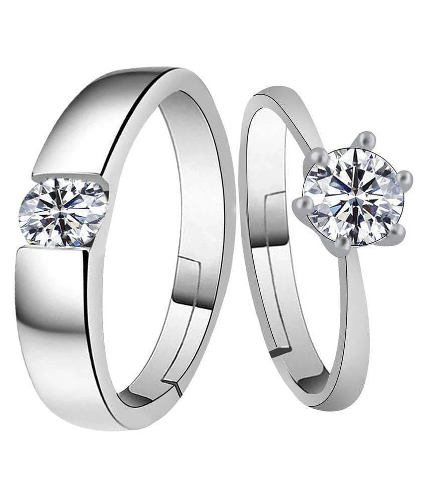SILVERSHINE Silverplated Elegant LOVE Solitaire His and Her Adjustable proposal Diamond couple ring For Men And Women Jewellery - None
