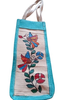 Eco-Friendly Jute Water Bottle Bag - Artistic Design with Turquoise Border Eco-Friendly Jute Water Bottle Bag - Artistic Design with Turquoise Border