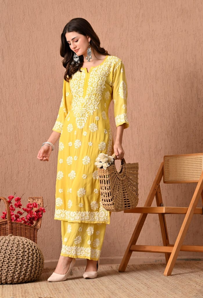 Hand Embroidered Chikankari Plazo Set 3d Work- Yellow