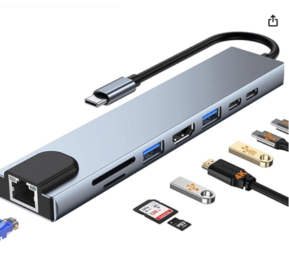 Lapster 8 USB-C Hub (8-in-1) 30Hz HDMI, 100 Mbps Ethernet, USB 3.0, microSD/SD Card Reader, Type-C Data, PD Charging, USB 2.0, Type-C Plug for Laptop, PC (Grey)