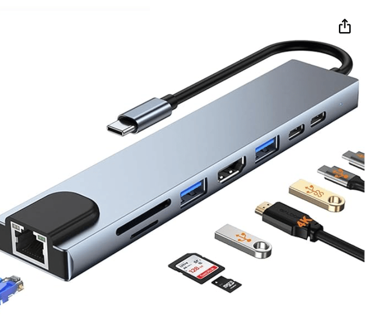 Lapster 8 USB-C Hub (8-in-1) 30Hz HDMI, 100 Mbps Ethernet, USB 3.0, microSD/SD Card Reader, Type-C Data, PD Charging, USB 2.0, Type-C Plug for Laptop, PC (Grey)