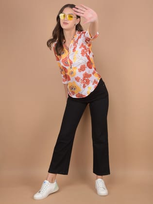 Orange Floral Print V-Neck Top-XL / Orange