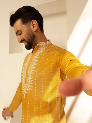 Men's Cotton Silk Mustard Long Kurta with Elegant Neck Embroidery-36