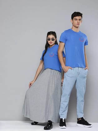 Young Trendz Couple Printed Round Neck T.Shirts (Blue)-Men-S / Women-S