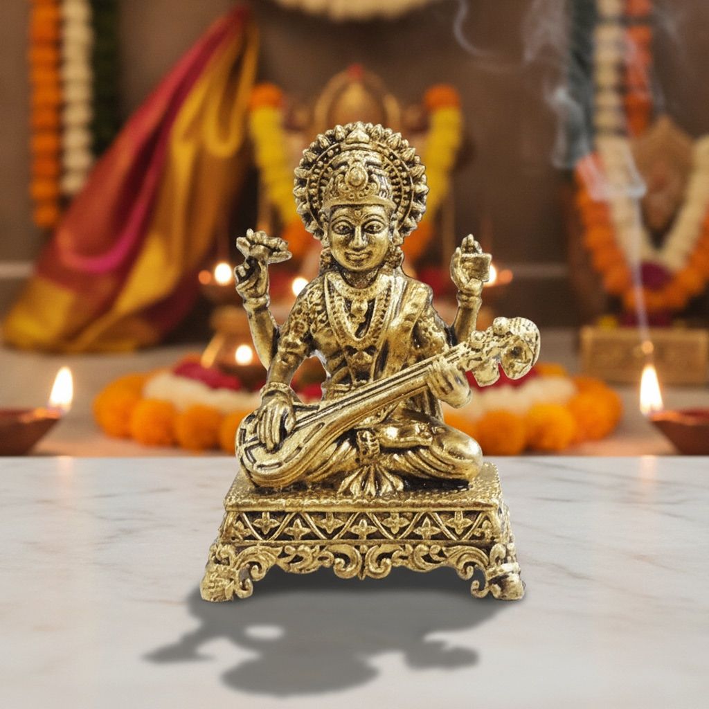 Mini Brass Saraswati Ji Idol Statue for Study Table & Gifting, Height : 1.5 Inch (BSMAS1920 C) - Pooja Needs | Buy online on ZillyBuy