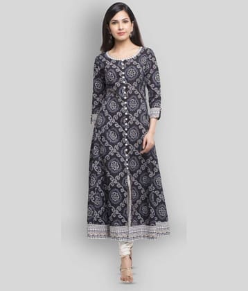 Yash Gallery Pack of 1 Cotton Blend Printed Front Slit Women's Kurti - ( Black )