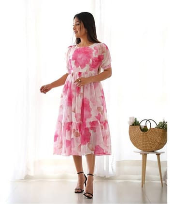 DEARTHANK Women Georgette Printed Fit & Flare Dress ( Pink )