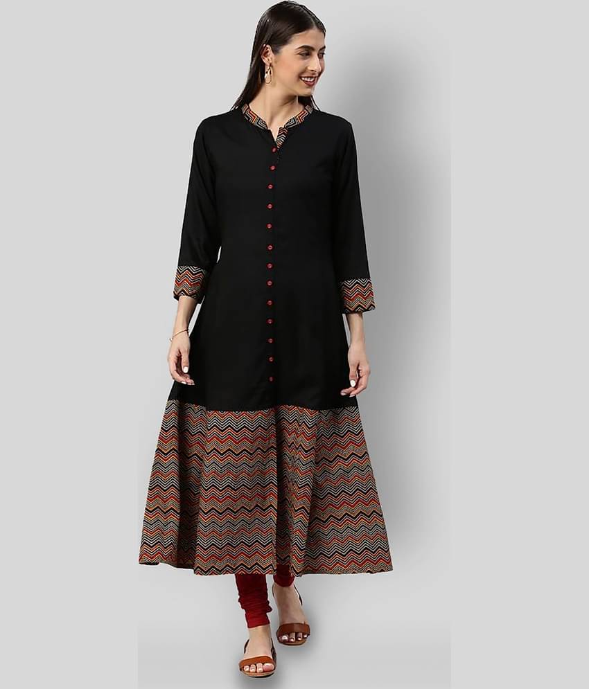 Yash Gallery Pack of 1 Rayon Printed Front Slit Women's Kurti - ( Black )