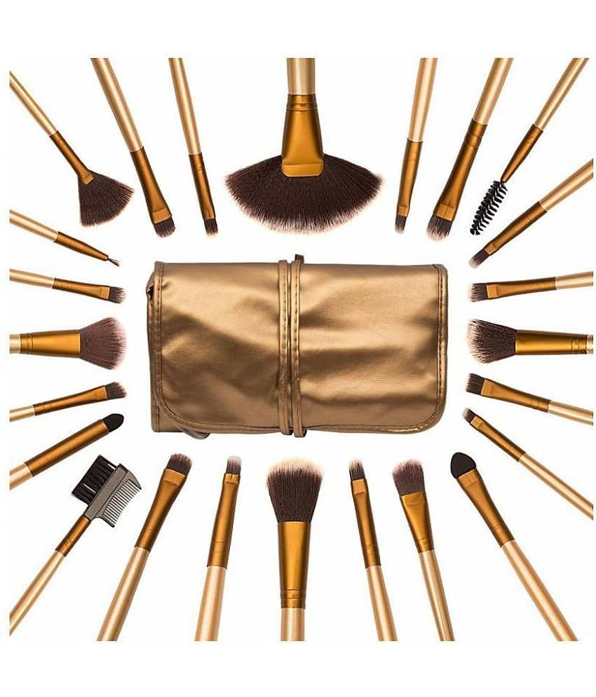 FOK Professional Makeup Brushes With Golden Leather Pouch Synthetic Blending,Wet & Dry Products,Contouring,Evenout 300 g 24 Pcs