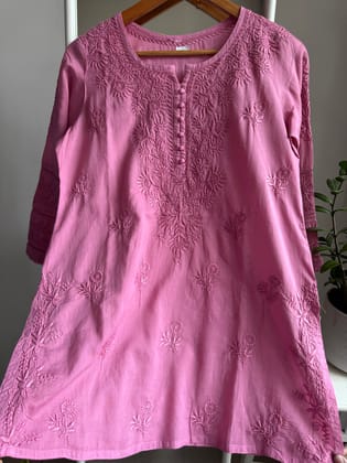 Mul Cotton Chikankari Full sleeves short Top -  Rosewood-Rosewood / Cotton / S
