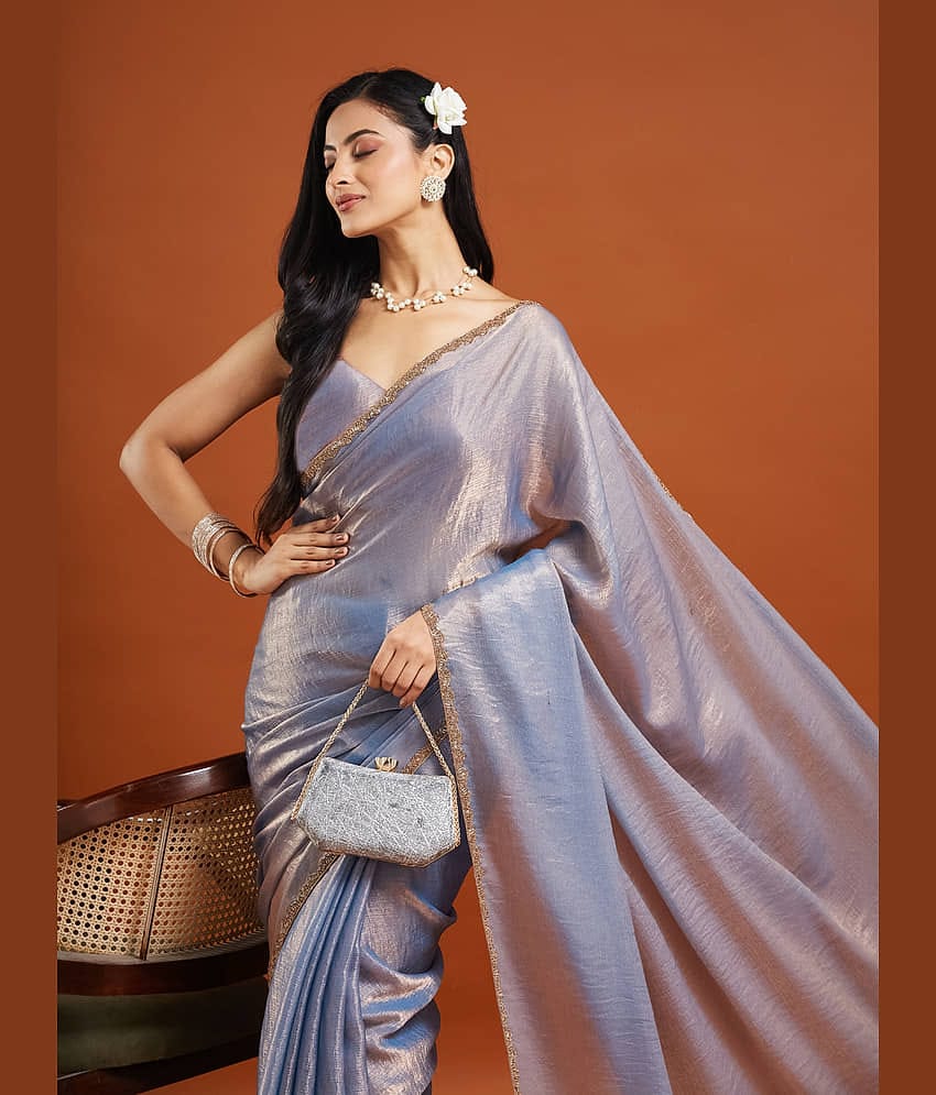 Indy Bliss Chiffon Solid Saree With Unstitched Blouse Piece ( Silver )