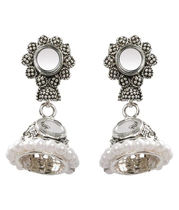 Silver Shine Stunning White Mirror with Beads Jhumki Earrings - Silver