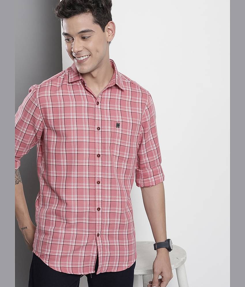 The Indian Garage Co Men Pink & White Checked Cotton Casual Shirt