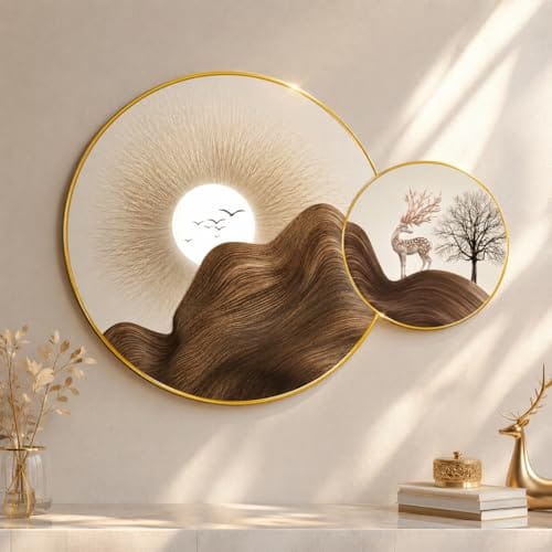 Brown Mountain Deer Round Wall Painting with Golden PVC Frame, Sun Wall Art for Living Room Bedroom Home Decor