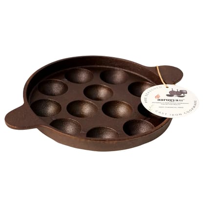 Aarogyam Cast Iron Paniyaram Pan 12 Cavity , with Ring at Bottom for support, Pre-Seasoned 8.2 inch Diameter (22cm), Naturally Non-stick, Toxin-Free, Gas & Induction Compatible, Weight- 1.8 kg (Colour - Black) by Aarogyam - The Cast Iron Shop