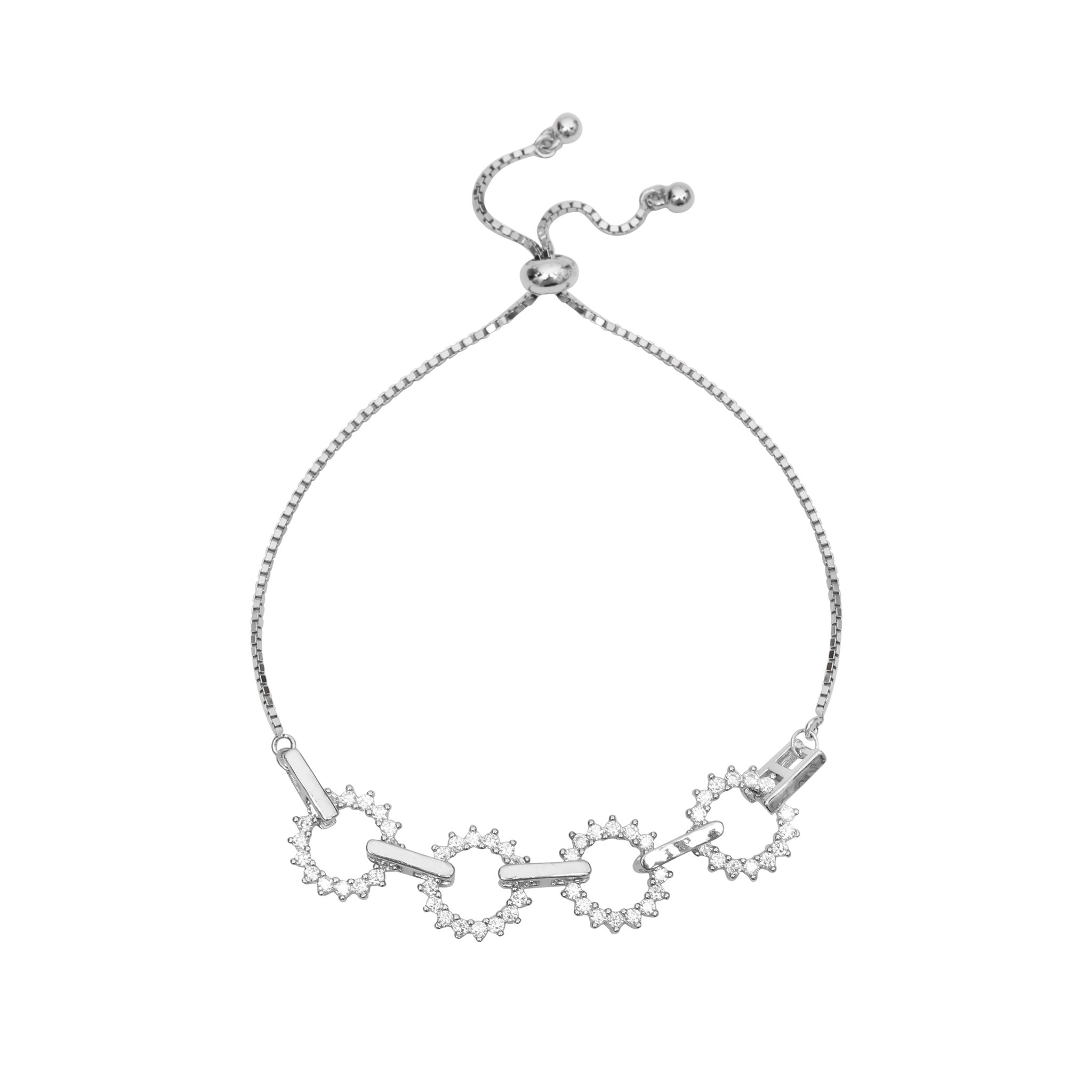 Sterling Silver Adjustable Bracelet with Circular CZ Diamond Design for Women & Girls