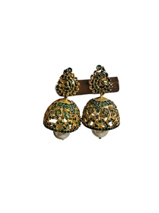Traditional Gold Toned Jhumka Earrings with Green Stones and Pearl Drop for Women