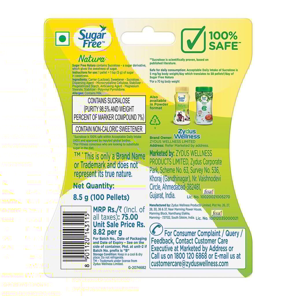 Sugar Free Natura, 100 Pellets|100% Safe| Scientifically Proven & Tested|Sweet like Sugar but with zero calories| 8.5g