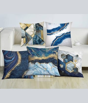 Laphino Set of 5 Jute Graphic Square Cushion Cover (40X40)cm - Blue
