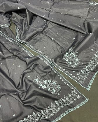 Sleek Pure Tussar Silk Dupatta Gray Chikankari & Crochet
