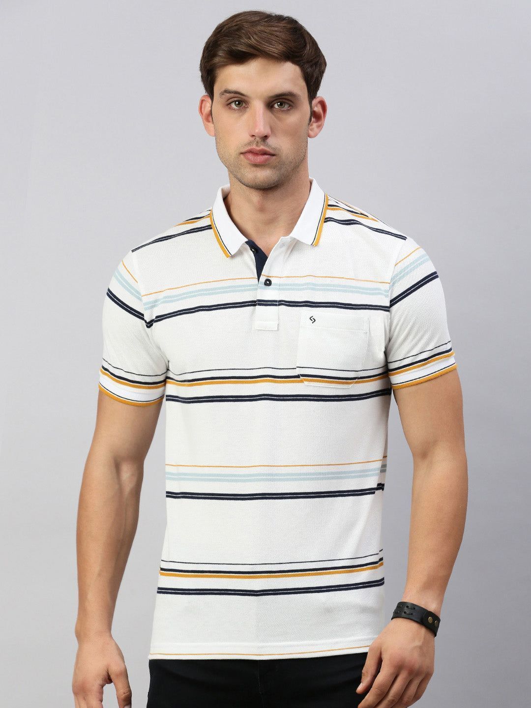Classic Polo Men's Half Sleeve Lt.Green Polo Neck Slim Fit Striped T-Shirt | ADORE - 227 A SF P