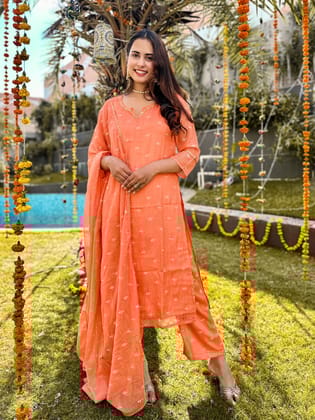 Orange Lurex Straight Fit Suit Set-S